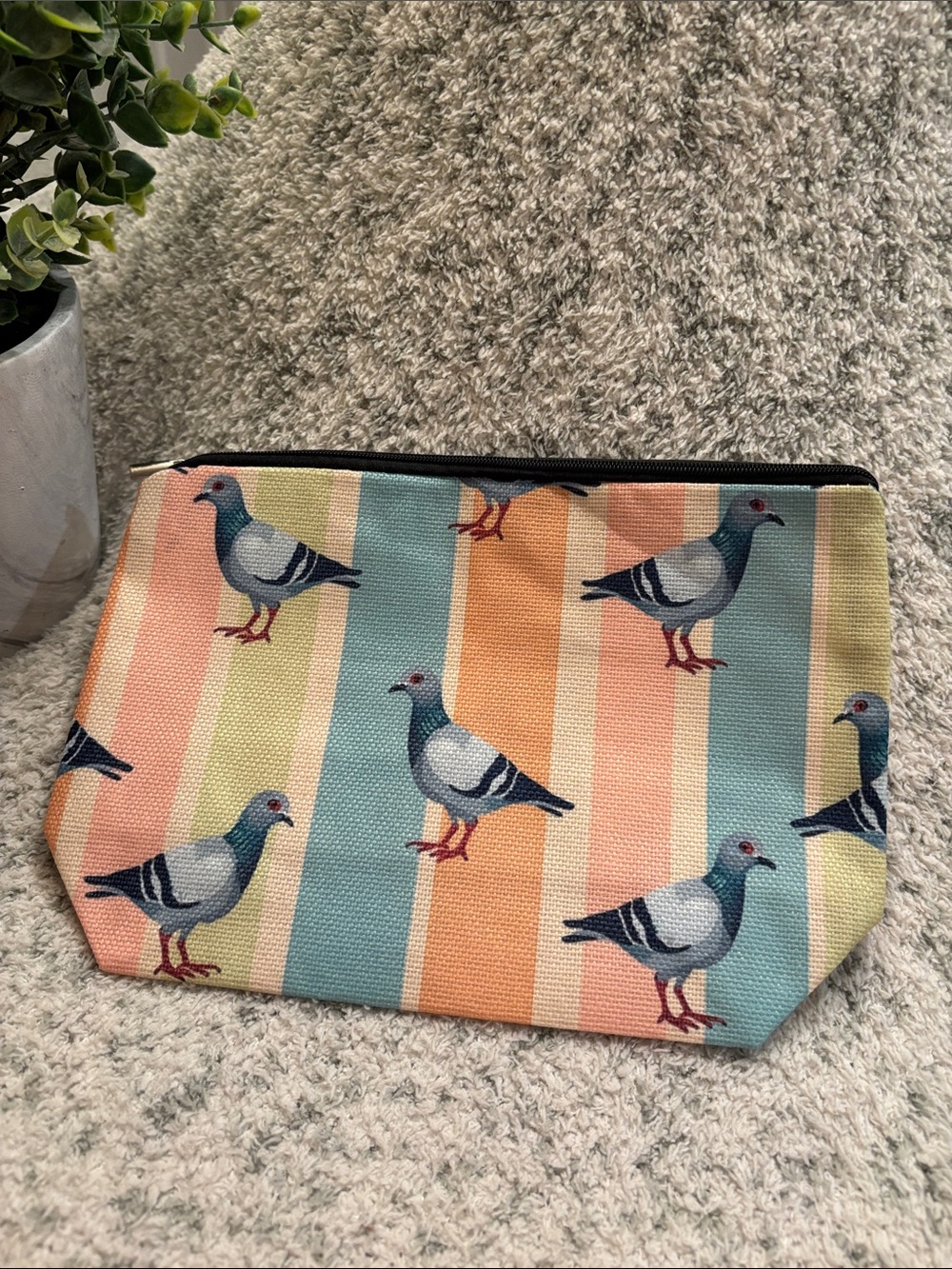 Colorful Pigeon Striped PolyCanvas Cosmetics Zip Bag Pouch NWT 9.5x6.75x2.75”